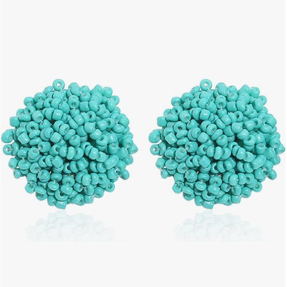 Turquoise Blue Pom Pom Seed Beaded Big Puff Post Earrings Round Bohemian New